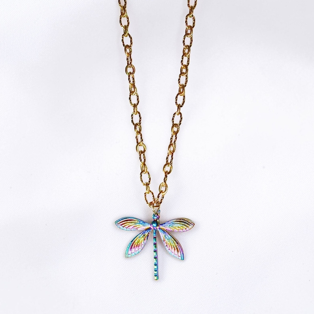 HP🎉 Gold Enchanted Choker Necklace Multicolor Dragonfly Pendant New Age Grunge - Picture 2 of 12